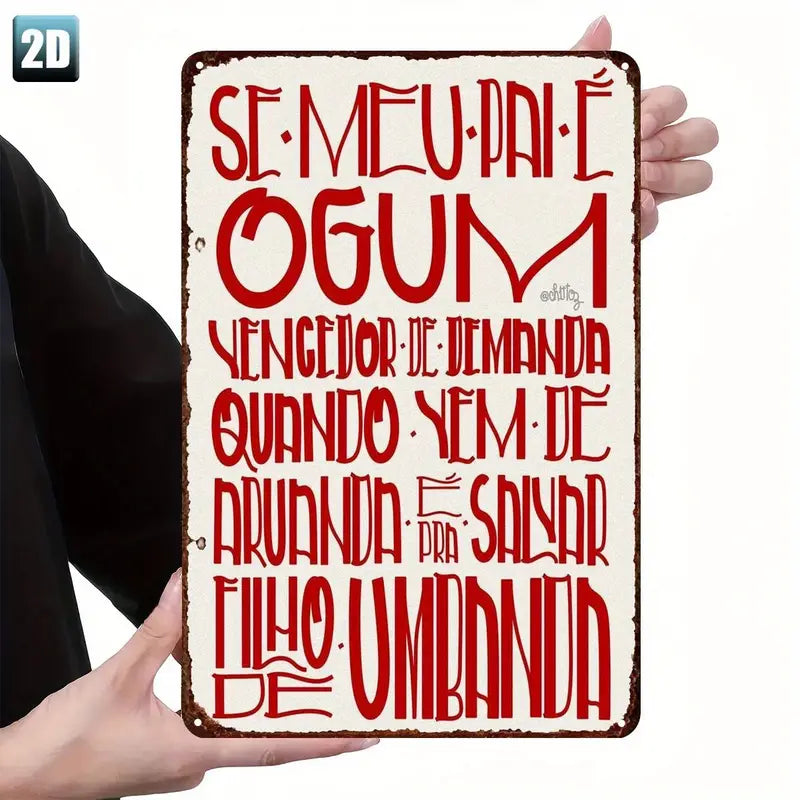 Placa de Metal Vintage Ogum – “Se Meu Pai é Ogum, Vencedor de Demanda” – Umbanda