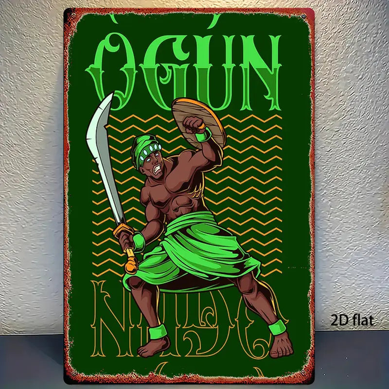 Placa de Metal Vintage Ògún – Arte de Parede Deidade Yoruba – 20x30cm
